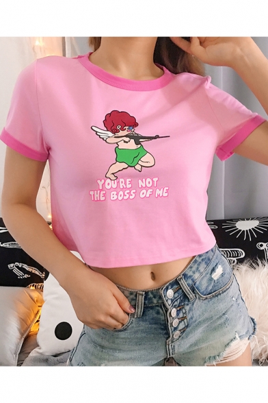 Girls Funny Cartoon Angel Baby Letter YOU'RE NOT THE BOSS OF ME Print Pink Crop T-Shirt