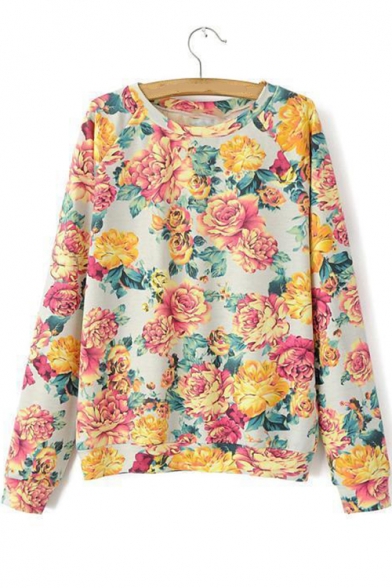 Girls Peasant Style Chic Floral Pattern Round Neck Long Sleeve Pullover Sweatshirt