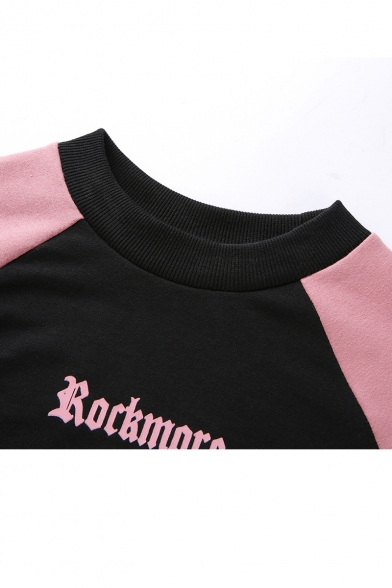Girls Popular Simple Letter ROCK MORE Ribbon Embellished Long Sleeve Black and Pink Crop Sweatshirt