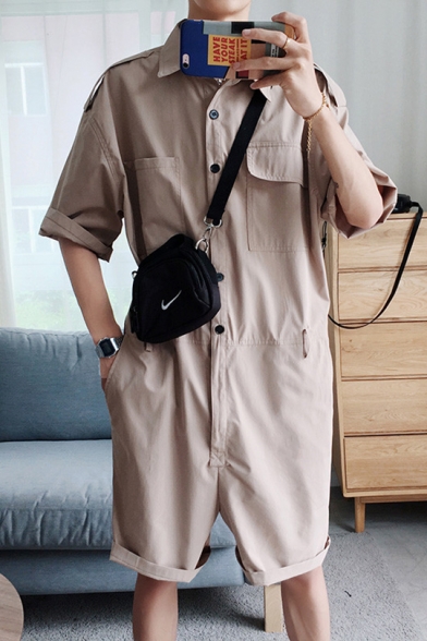 Guys Hip Hop Style Simple Plain Button Front Turn-Down Collar Work Rompers