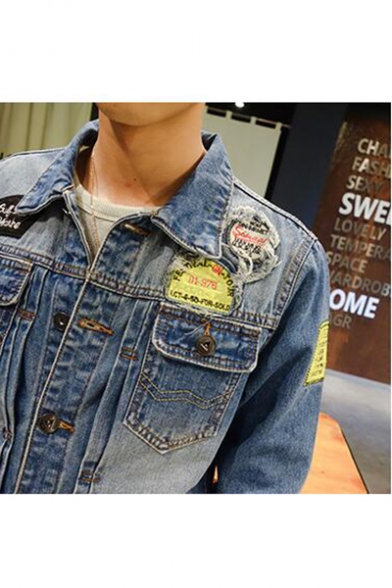 Guys Retro Letter Patched Cool Ripped Long Sleeve Lapel Collar Button Down Fitted Light Blue Denim Jacket