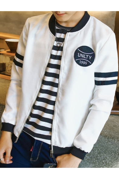 Guys Simple Letter UNLTY 1995 Pattern Stand Collar Striped Long Sleeve Zipper Front Casual Baseball Jacket