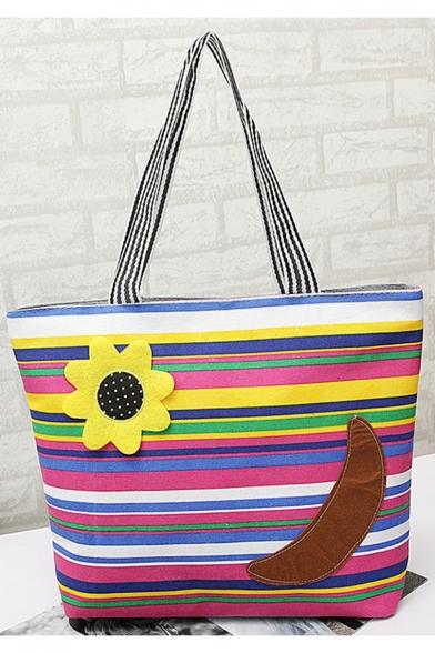 Hot Fashion Colorful Stripe Floral Pattern Large Capacity Canvas Tote Shopper Bag with Zipper 35*33*10 CM