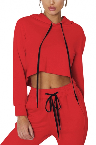 Solid Color Long Sleeve Drawstring Cropped Hoodie