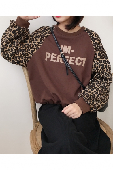 IM-PEREECT Letter Print Leopard Patched Long Sleeve Round Neck Loose Fit Pullover Sweatshirt for Women