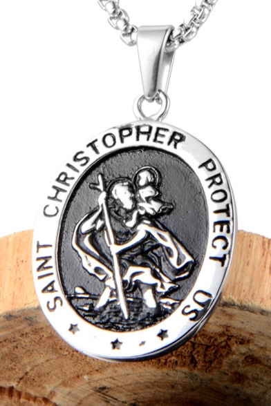 Letter Saint Christopher Protect Us Alien Silver Titanium Necklace