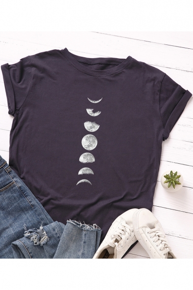 Lunar Eclipse Cute Moon Pattern Round Neck Short Sleeve Casual Tee
