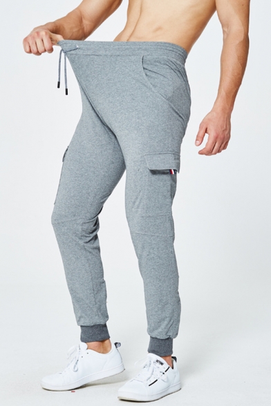 Men's Cotton Fashion Solid Color Flap Pocket Side Drawstring Waist Sport Pants