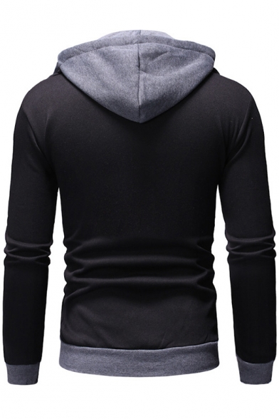 Men's Hot Fashion Plain Long Sleeve Patched Fake Two-Piece Zip Up Casual Drawstring Hoodie