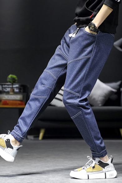 Mens Fashion Contrast Stitching Patched Drawstring Waist Slim Casual Pants