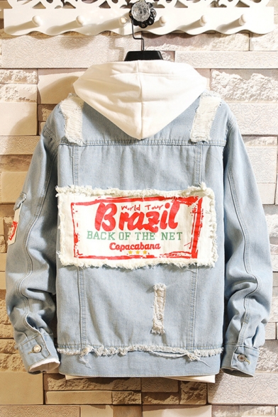 Mens New Fashion Cool Letter BRAZIL Pattern Unique Fringed Hem Retro Light Blue Denim Jacket