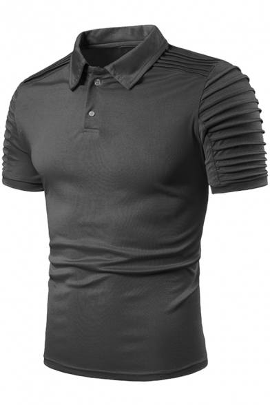 Mens Stylish Simple Solid Color Double-Button Front Pleated Short Sleeve Slim Polo Shirt
