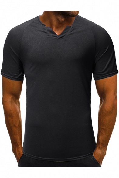 Mens Unique V-Neck Short Sleeve Simple Plain Slim Fitted T-Shirt