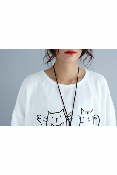 MEOW Letter Cartoon Four Cats Printed Round Neck Long Sleeve Loose Sweatshirt