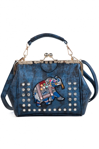 National Style Elephant Pattern Rivet Rhinestone Embellishment Shoulder Satchel Handbag 23*20*11 CM