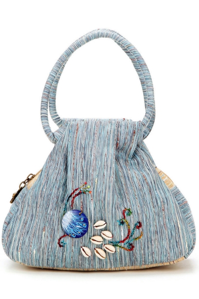 National Style Peacock Embroidery Pattern Canvas Tote Handbag 20*7*16 CM