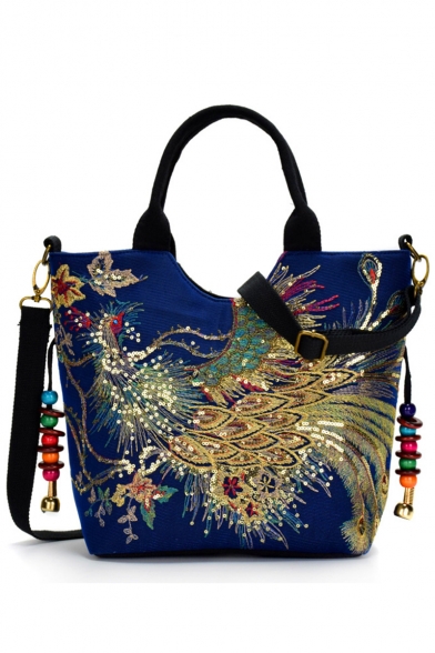 National Style Peacock Pattern Bead Sequin Embellishment Canvas Tote Shoulder Bag 33*12*27 CM