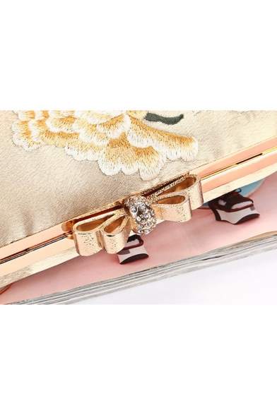 New Fashion Floral Embroidery Pattern Rhinestone Bow Embellishment Gold Evening Clutch Bag 20*5*12 CM