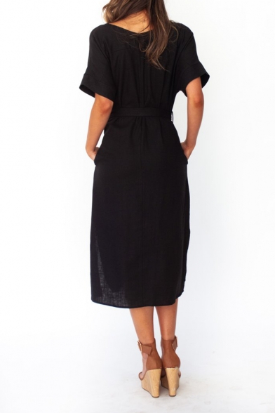New Fashion Simple Plain V-Neck Short Sleeve Belt Split Detail T-Shirt Dress
