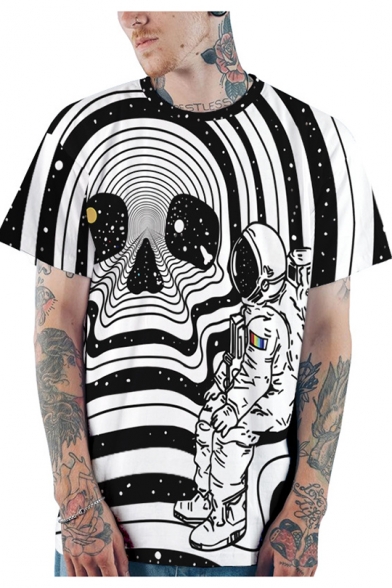New Fashion Stripe Skull Astronaut Print Round Neck Short Sleeve Loose Relaxed T-Shirt