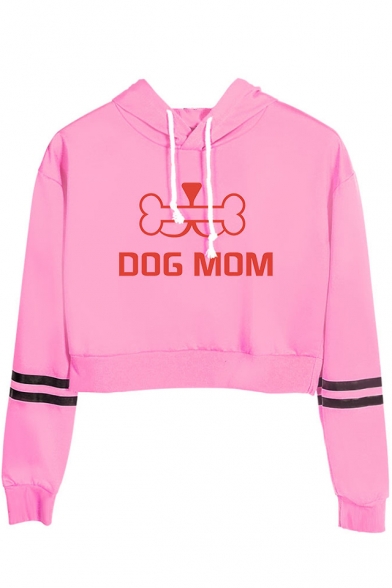 New Popular Bone Letter DOG MOM Striped Long Sleeve Loose Relaxed Cropped Hoodie