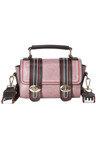 New Stylish Colorblock Embroidery Thread Belt Buckle School Satchel Bag Casual Shoulder Handbag with Striped Strap 19*12*9 CM