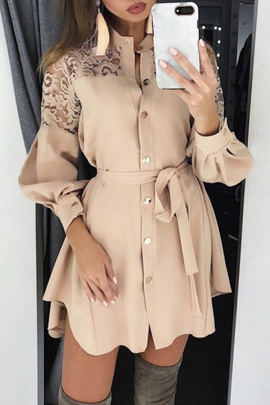 New Stylish Plain Bow-Tie Waist Long Sleeve Stand Collar Button-Front Lace Mesh Detail Mini A-Line Apricot Dress for Women