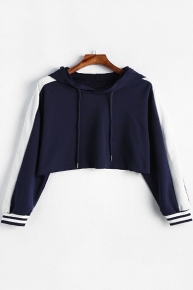 New Stylish Women's Stripe Patched Long Sleeve Drawstring Hood Dark Blue Cropped Hoodie