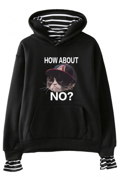 

New Trendy HOW ABOUT NO Grumpy Cat Print Fake Two-Piece Casual Hoodie, LM529767, Black;pink;white;gray;navy