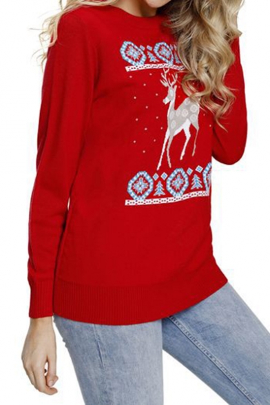 Popular Christmas Deer Snowflake Print Round Neck Long Sleeve Casual Sweatshirt