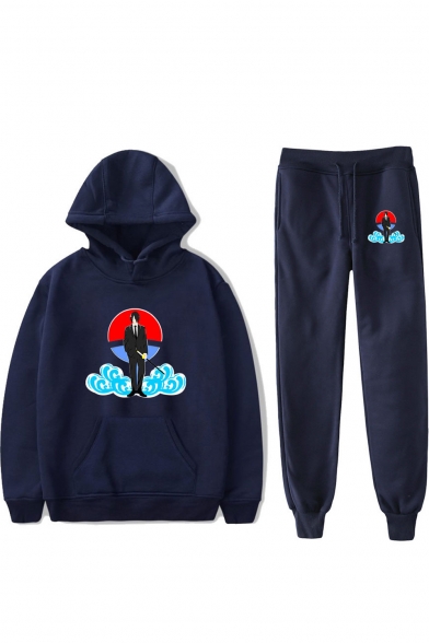 Popular Comic Anime Character Cloud Print Casual Hoodie with Sport Sweatpants Two-Piece Set