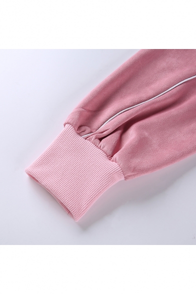 Popular Cool Letter ROCK MORE Embroidery Cold Shoulder Long Sleeve Pink Crop Sweatshirt