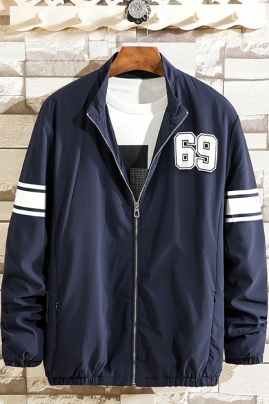 PUNK 69 Letter Printed Stripe Long Sleeve Casual Sport Zip Up Navy Track Jacket