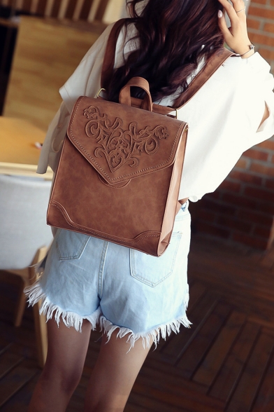 Retro Emboss Pattern Solid Color PU Leather Backpack for Women