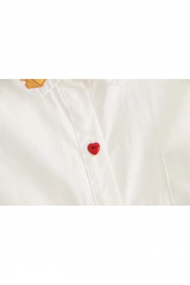 Simple Letter Embroidery Short Sleeve Turn-Down Collar Button Front Casual Loose Shirt