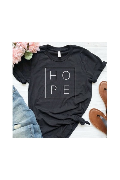 Simple Square Letter HOPE Printed Round Neck Short Sleeve Black Tee