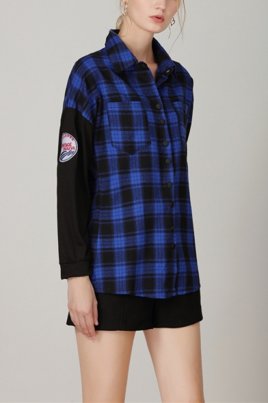 Stylish Blue Check Plaid Print Patched Long Sleeve Button Down Casual Over Shirt