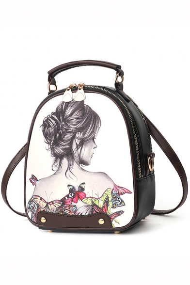 Stylish Figure Butterfly Printed Rivet Embellishment Portable White Casual Backpack 21*10*23 CM