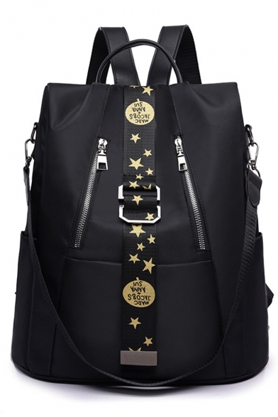Stylish Stars Print Tape Patched Double Zipper Embellishment Oxford Cloth School Backpack Casual Travel Bag 32*15*36 CM