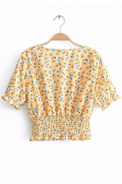 Summer Chic Floral Printed V-Neck Short Sleeve Gathered Waist Crop Blouse Top
