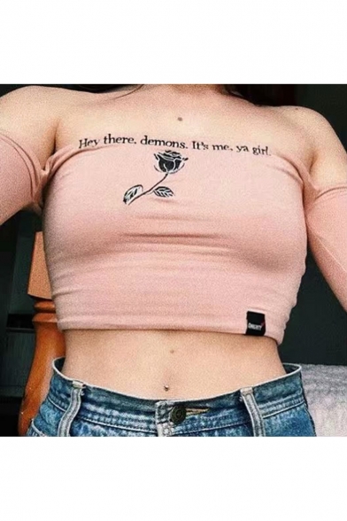 Summer Chic Rose Floral Letter Printed Off the Shoulder Long Sleeve Slim Cropped T-Shirt