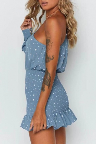 Summer Chic Vintage Blue Polka Dot Printed One Shoulder Ruffled Hem Mini Bodycon Dress