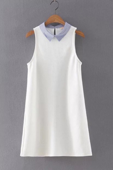 Summer Fashion Lapel Collar Sleeveless Simple Plain Poplin Mini Swing Dress
