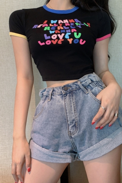 Summer Funny Colorful Letter LOVE YOU Print Contrast Trim Short Sleeve Slim Fit Crop Tee