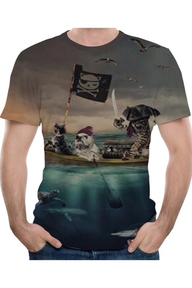 Summer Funny Pirate Cat Pattern Round Neck Short Sleeve Grey T-Shirt