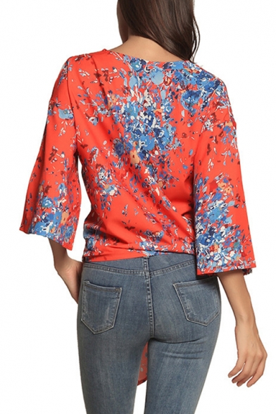 Summer New Trendy Floral Printed V-Neck Tied Hem Casual Loose Chiffon Blouse