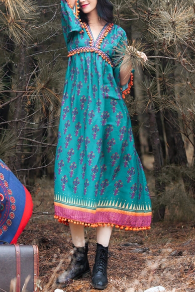 Summer Trendy V-Neck Half Sleeve Tribal Printed Tassel Hem Beach Midi Green Dress