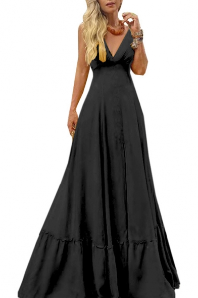 Summer Trendy V-Neck Sleeveless Plain Maxi Swing Cami Evening Dress For Women