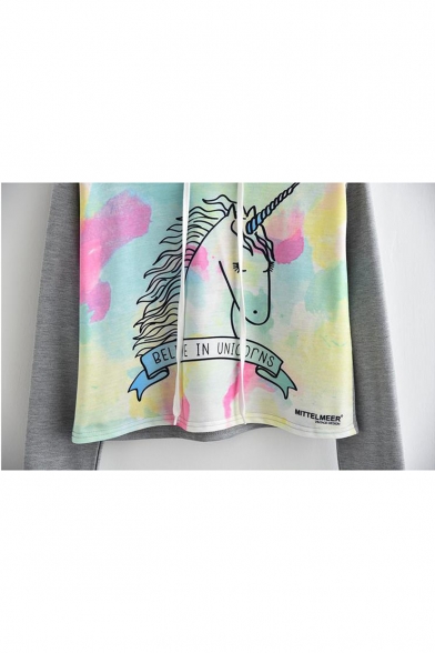 Tie Dye Cartoon Unicorn Letter Printed Colorblock Long Sleeve Drawstring Hoodie