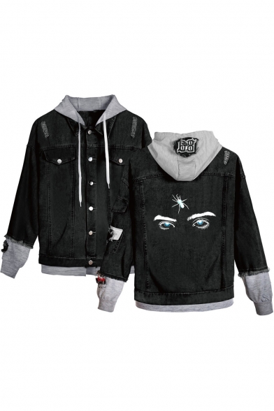 Trendy Eyes Printed Hooded Long Sleeve Ripped Detail Button Front Black Denim Jacket